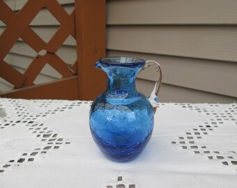 Vintage Cobalt Blue Crackle Glass Pitcher, Clear Handle, Hand Blown Art Glass Pitcher, 1960's