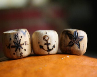 3 Wooden Handmade Beard Beads Compass Anchor Star Viking Nordic Germanic