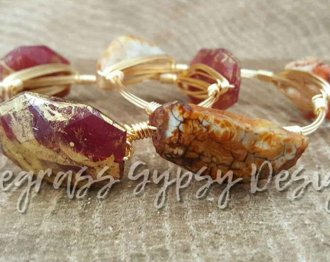 Garnet and Gold Wire Wrapped Bangle, Bracelet, FSU, Bourbon and Boweties Inspired