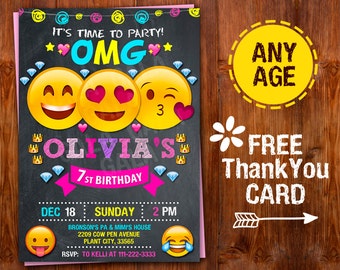 Emoji Invitation, Emoji Party, Emoji Birthday Invitation, Girl Emoji Invitation, Thank you Emoji Birthday Invitation, Smile Invitation OMG