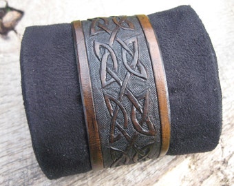 Mens Leather Cuff Bracelet with Hand Tooled Celtic Knotwork design custom made to order. Free shipping.