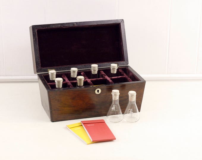 Antique tea caddy, aromatherapy perfume kit, witch kit gift box, chemistry alchemy set, wooden bath salts caddie, sarcophagus shaped case