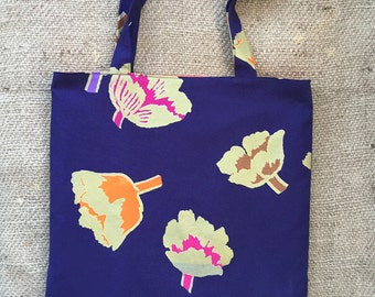 Stunning Vintage Marimekko ~ Suitsuke~ Fabric Shoulder Bag Tote Navy Blue Metallic Gold Florals