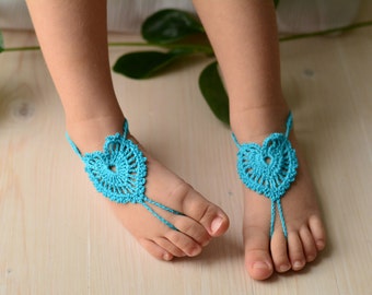 turquoise baby footless winx sandals flower girl beach wedding sandles toddler crochet heart barefoot sandal foot jewelry feet accessory