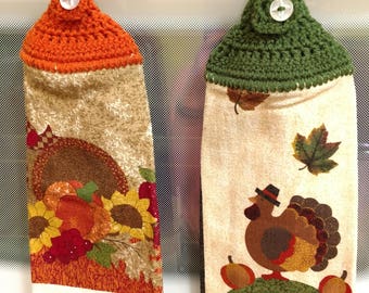 Handmade Thanksgiving Crocheted Hanging Kitchen Towels/Crocheted Kitchen Towel/Hanging Kitchen Towel/Thanksgiving Decor/Ready to Ship Towel