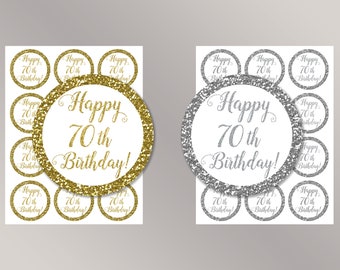 Happy 70th Birthday Cupcake Toppers, Happy Birthday favor tags, 70th Birthday Party Decor, Birthday Decorations, Gold, Silver Cake toppers