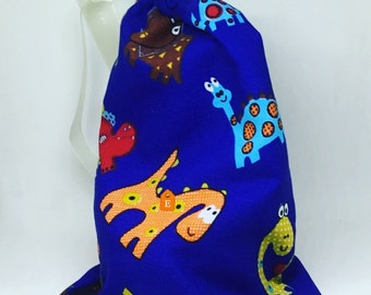 Drawstring bag, drawstring gift bag, dinosaur gift bag, fabric gift bag, birthday party bags , boys drawstring bag,