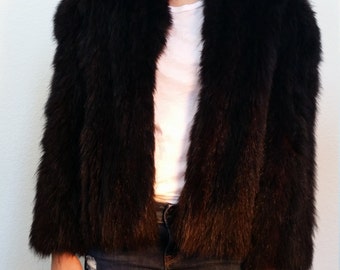 Vintage Black Fox Fur Jacket. Cropped Fur Coat. Black Fur Coat. Size Medium