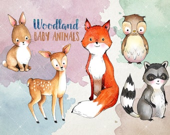Woodland Baby Animals Clipart - Watercolor Clipart - Forest Animals Clipart Set - Digital Printables - Digital Clip Art INSTANT DOWNLOAD