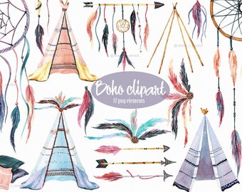 Boho teepee clipart Feathers clipart Dreamcatchers watercolor clipart Indian clipart Arrows clipart Aquarelle bohemian clipart boho invite