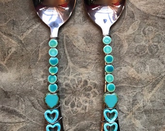 Handmade Wire and Bead Wrapped Small Salad Tosser Set