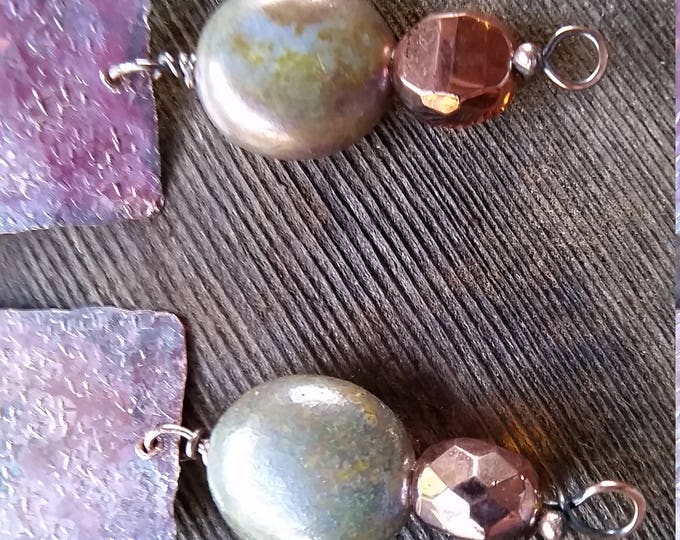 Handcrafted Copper Squares Embellished with Copper Colored Beads and Sterling Ear Wires