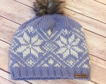 Fair Isle Hat - crochet hat, knit hat, snowflake hat, women's hat, hat with fur pom pom, crochet beanie, knit beanie - Dusty Blue