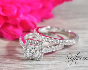 White Princess Cut Halo Engagement Ring Set in 14k White Gold, Bridal Set, Wedding Rings, Promise Ring, Eternity Band by Sapheena