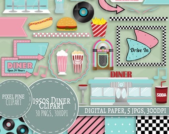Fifties Diner Clipart Set, 30 PNGs, 5 1950s Diner Digital Paper JPGs, Commercial Use, Retro pink and blue Fifties clipart, 50s clip art set