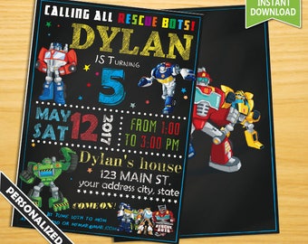 Rescue bots invitation, Rescue bots birthday invitation, Rescue bots chalkboard invitation, Rescue bots party invitation