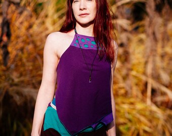 Purple-green asymmetric halter top