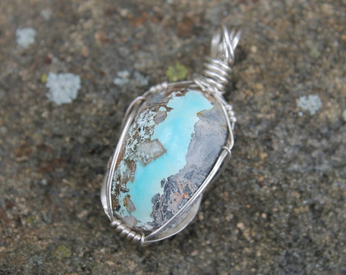 Hand Cut and Polished Turquoise Cabochon with Sterling Silver Wire Wrap; Natural Stone Wire Wrapped Jewelry, Earthy BoHo Hippie Necklace,