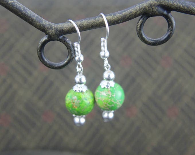 Lime Green Bead Earrings, Dangle Dyed Sea Jasper with Silver Accents, Veined Stone BoHo Earrings, Bohemian Jewelry
