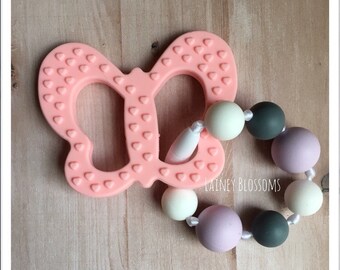 Silicone Teething Toy, Teether, Butterfly, Pink, Purple, Grey, Gray, Round, Chewlery, Sensory Toy, Fidget Toy, Baby Shower, New Mom