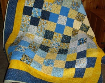New blue and yellow patchwork quilt made in USA