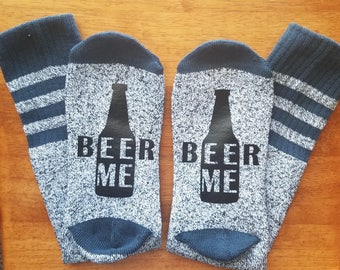 BEER ME SOCKS, Mens Socks, Funny Sayings, Blue & Grey Socks, Gifts for Him, Bottoms Up Socks, Beer Socks, Beer Lover, Bring Me Beer