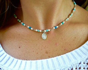 Mini Miraculous Medal Necklace with blue chain