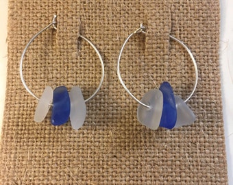Genuine Blue & White Seaglass Sterling Silver Hoop Earrings
