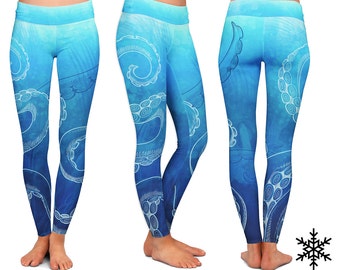 LEGGINGS - Octopus Leggings - Mermaid Yoga Pants watercolor scales Yoga capri Blue leggings fitness workout Yoga Pants Octopus Leggings