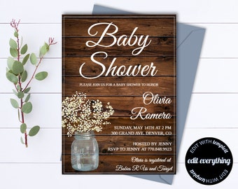 Rustic Baby Shower Invitation Template - Girl Baby Shower Invite - Baby Boy Shower Invitation - Country Baby Shower Template - Rustic Shower