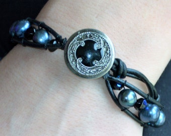 Midnight Blue on Black Single Leather Wrap Bracelet