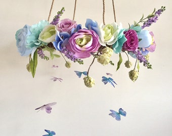 Flower Mobile, Nursery Mobile, Baby Girl Mobile, Butterfly Mobile, Floral Mobile, Rustic Mobile