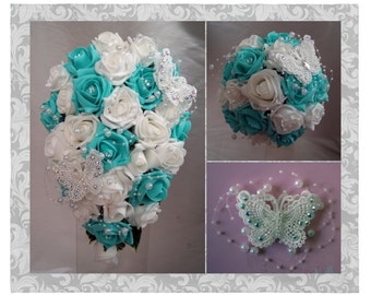 Wedding Flowers Tiffany Blue & White wedding bouquets with butterflies, Brides, Bridesmaids, Flowergirls etc
