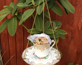 Vintage Tea Cup bird feeder , China bird feeder, Garden ornament, Mothers Day, Tea light, Easter