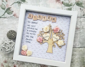 Gift For Sister, Gift For Family, Family Tree Frame, Personalised Scrabble Art, Sister Shadow Box, Birthday Present For Sister, Sister Frame