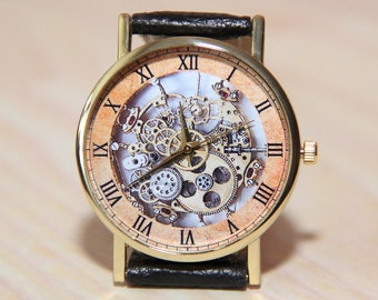 Mechanical Watch, skeleton watch, best man gift, Wrist Watch Retro, Men's watches, unique watches, Watch imitation mechanics, Brown watch