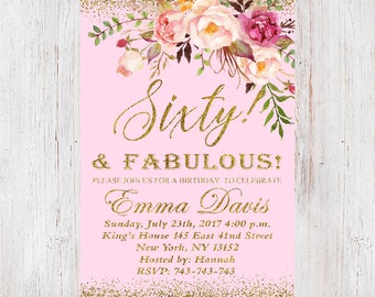 60th Birthday Invitation, Any Age Women Birthday Invitation, Floral Pink Women Birthday Invitation 50th, 70th, 80th, 90th. 052