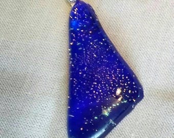 Blue dichroic fused glass pendant multicolored sparkles one of a kind