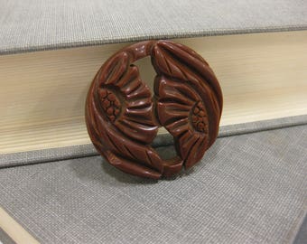 Carved Chocolate-Colored Bakelite Brooch