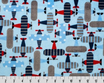 Airplane Minky Fabric, Shannon Minky Fabric, Navy and Red Airplane Fabric, Fabric by the Yard, 1 YARD CUT (36x60)