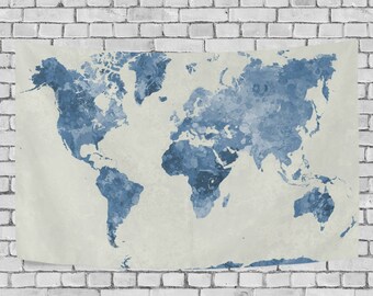 Blue Watercolor World Map Tapestry Abstract Splatter Painting Wall Hanging Art for Living Room Bedroom Dorm Decor