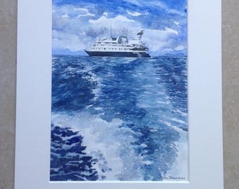 Mediterranean Méditerranée seascape marine zeezicht met boot watercolor painting aquarelle peinture bateau boat ship