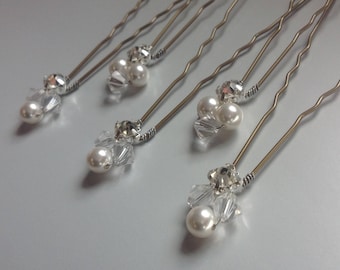 Wedding Hair Pins x5 Swarovski Crystal Pearls Clear Crystals & Diamante Crystals