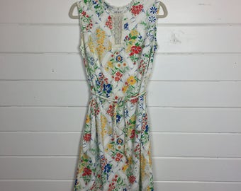 Vintage 1960s Bright Floral Cotton Day Dress / Sundress / Made by Dash About / Crochet Lace Trim / Garden Print