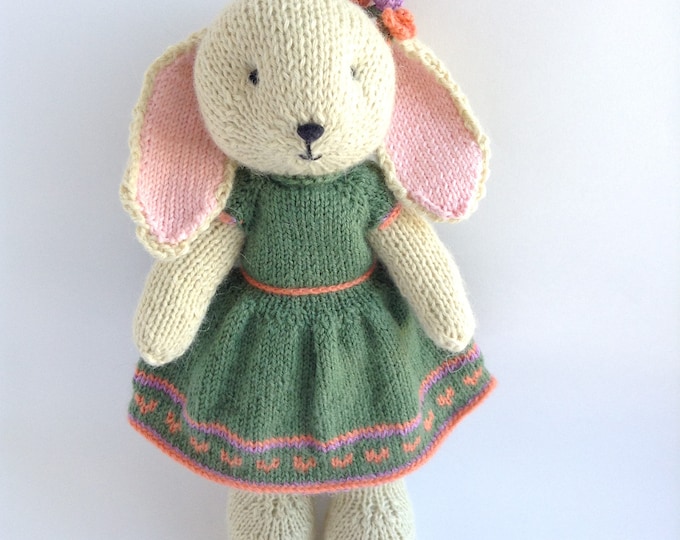 Hand Knitted Bunny, Knit Animal Rabbit, Stuffed Bunny Rabbit in dress, Handmade Knit Soft Cute Toy Bunny 10 inches