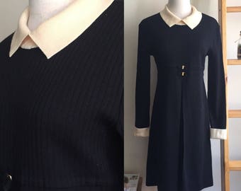 Vintage Peter Pan collar dress, vintage black dress, long sleeve dress, M L