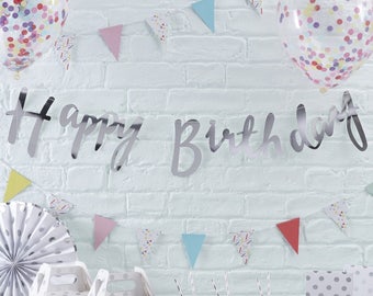 Silver Happy Birthday Banner, Silver Birthday Bunting, Silver Birthday Party Decorations