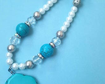 Pearl and Turquoise necklace with large turquoise pendant and matching bracelet