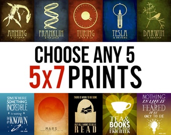 Geek Chic Art Prints Science Astronomy Book Lover Author Five 5x7 Posters Rock Star Scientist Kitchen Addictions