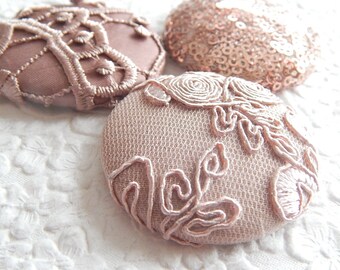 3 peach lace sequin embroidered fabric buttons, 1 7/8 inches, 1.9 inches, 4.7 cm, 48.26 mm, size 75 buttons